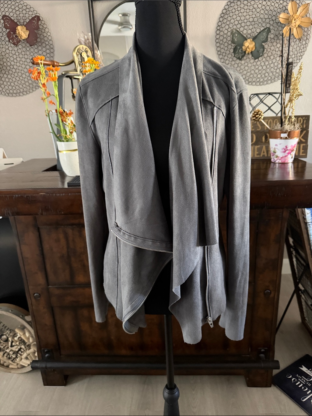 Flawed Gem: Blank Nyc Gray Draped Suede-Look Asymmetric Zip Jacket